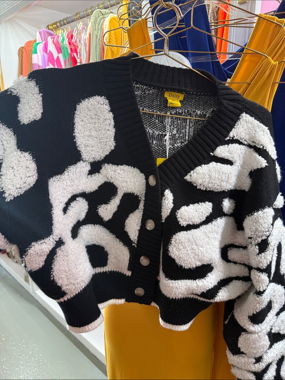 Daisy Black & White Bouclé Button-Up Cropped Cardigan